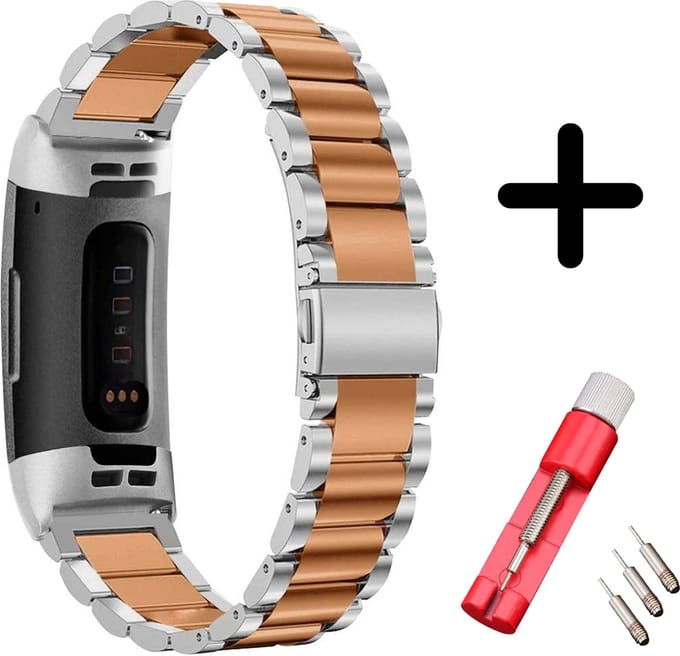 Strap-it Bandje staal zilver/rosé goud + toolkit geschikt voor Fitbit Charge 3 / 4