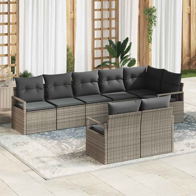 vidaXL Tuinbank Set met kussen met opslag 8 pcs Grijs poly rattan