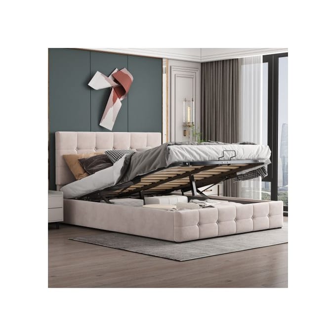 Gestoffeerd bed - MUVOE - 140x200 - Hydraulische opklapbare opbergruimte - Verstelbaar hoofdeinde - Crème fluweel crème