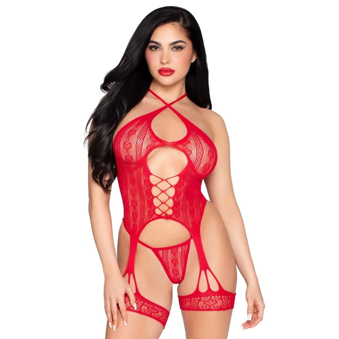 Set van bustier, jarretel en string in netstof voor dames Leg Avenue