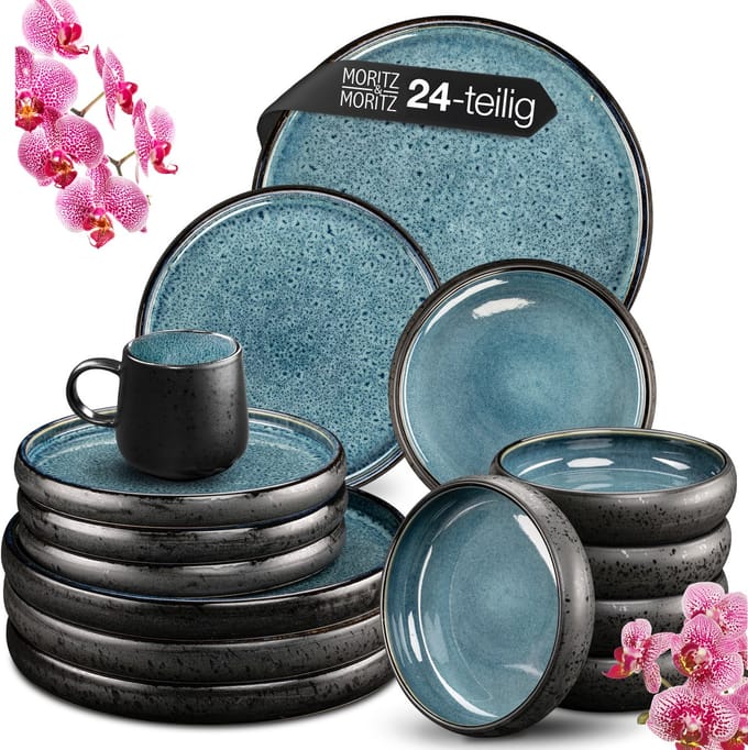 Moritz & Moritz SOLID Serviesset 6 Persoons - 24-delig Servies Set met Dinerbord, Dessertbord, Kom en Mok - Blauw