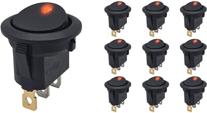 ProRide Wipschakelaar ON-OFF KCD2-12 - 3 pins - Rond - 12V/20A - LED indicator Rood - 10 stuks