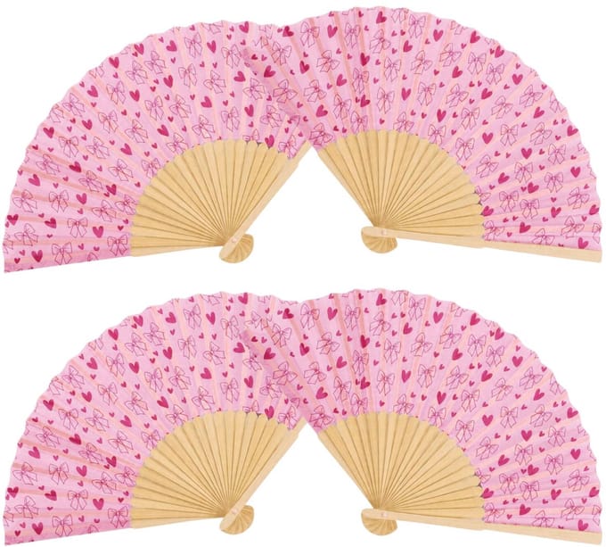 Spaanse hand waaier - 4x - Strik/hart - licht roze - 21 cm - bamboe/papier