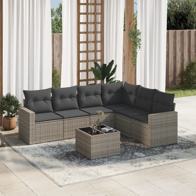 vidaXL - 7-delige - Loungeset - met - kussens - poly - rattan - grijs