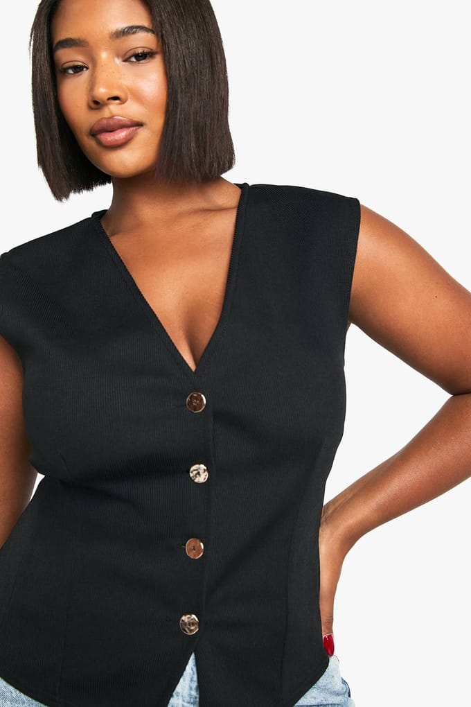 boohoo Dames Plus naaddetail taille gouden knoop vest | Black | Maat: 16