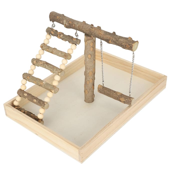 Support Perchoir en Bois Naturel pour Perroquet Jouant Support Debout Entraînement d'Oiseau avec Grande Base beige