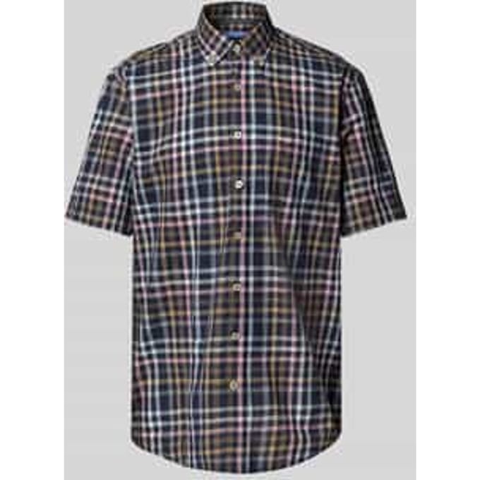 Fynch-Hatton Overhemd Combi Slub Check Navy / male