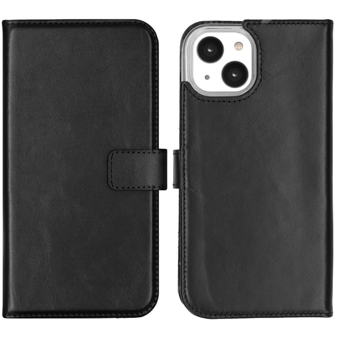 Selencia Hoesje - Geschikt voor Apple iPhone 14 - Echt Lederen Bookcase - Zwart