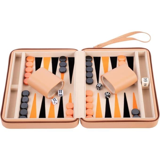Backgammon 9 inch - Beige, Oranje & Zwart Ingelegd Bord - Beige Zipper - Compact Reisspel - Engelhart