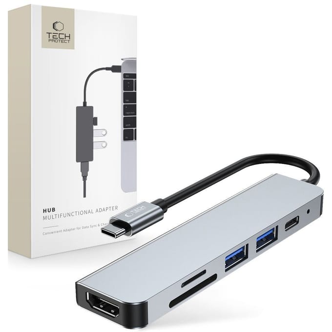 Tech-Protect V4 6in1 USB-C - USB-A 3.0 / USB-A 2.0 / USB-C / HDMI / micro SD / TF / SD card reader - gray USB hub - 6 - USB 2.0 - Grijs