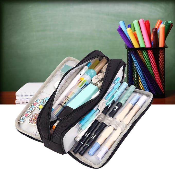 Trousse à crayons à 3 compartiments, grande capacité, double ouverture, toile souple, anti-poussière, fermeture éclair noir