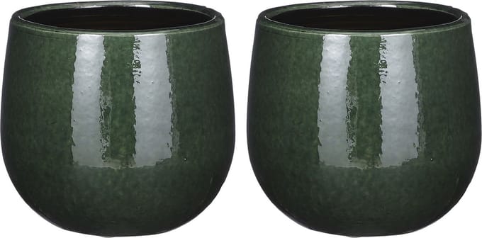Mica decorations Plantenpot - 2x stuks - keramiek - donkergroen - glans/spotted- D14 x D12 cm