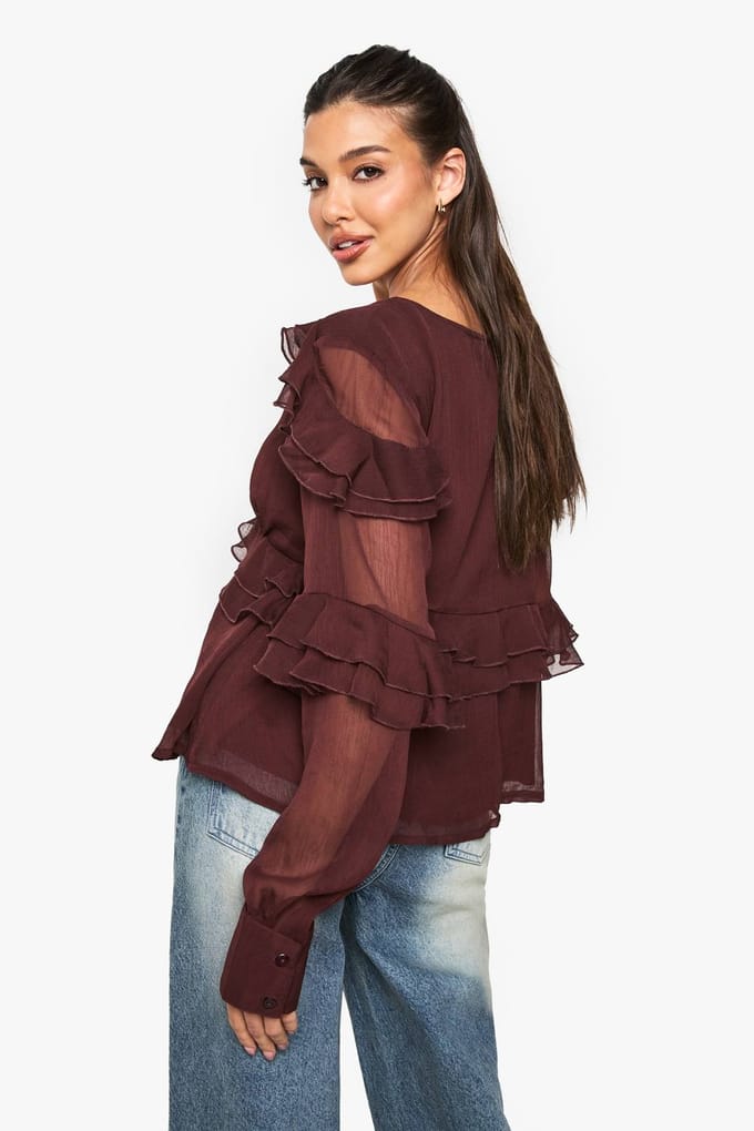 boohoo Dames Blouse met ruches in chiffon | Chocolate | Maat: 6