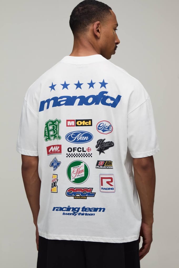 Oversized Heren Sport Moto Badge Print T-shirt | White | Size Small