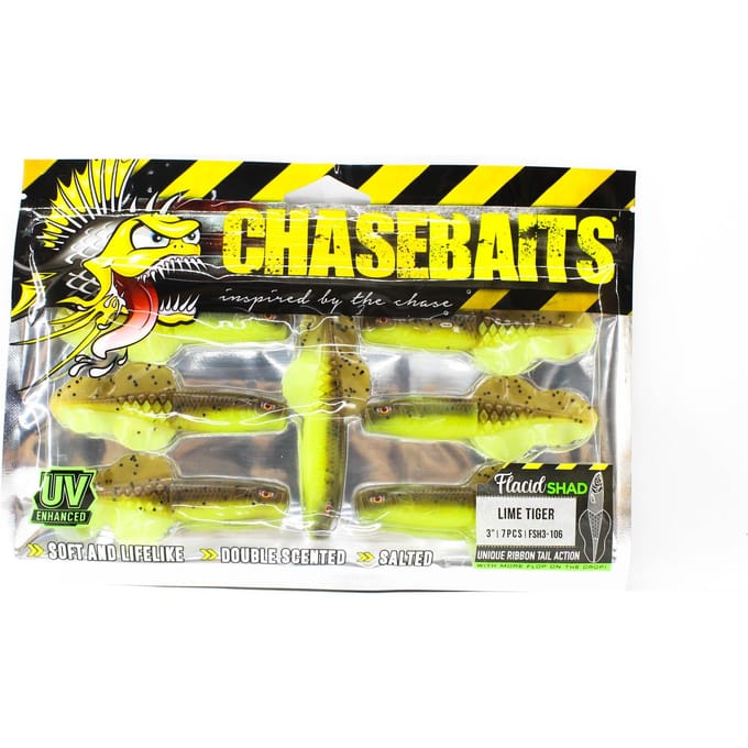 Chasebaits Flacid Shad 3 inch Soft Lure 7/Stuks Lime Tiger (4686)