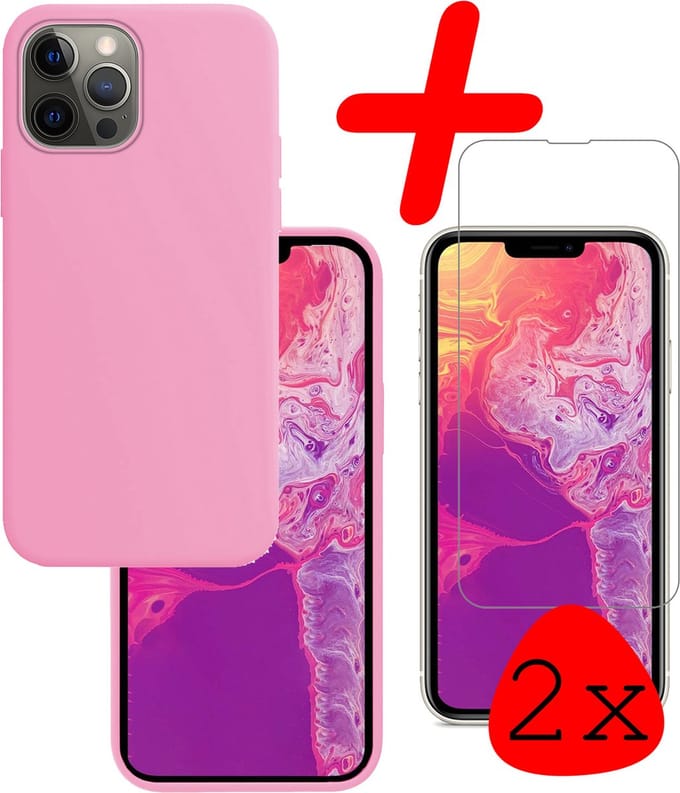 Hoesje Met 2x Screenprotector - Geschikt voor Apple iPhone 14 Pro - Sterk & Shockproof - Back Cover - Siliconen Case - Telefoon Hoes - Lichtroze