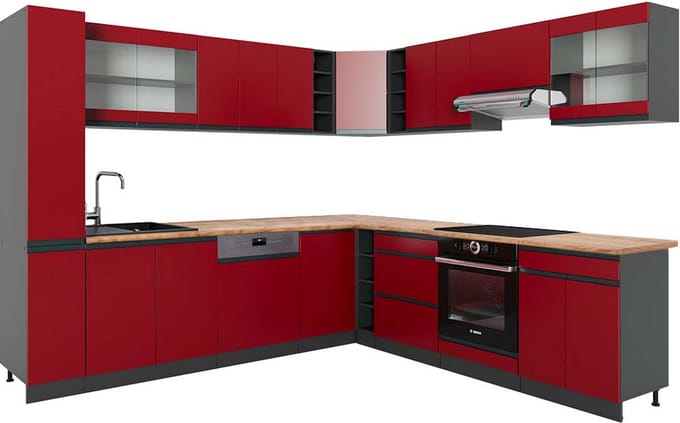 Vicco Hoekkeuken R-Line, Rood/Antraciet, 277 x 257 cm J-Shape, WB Eik