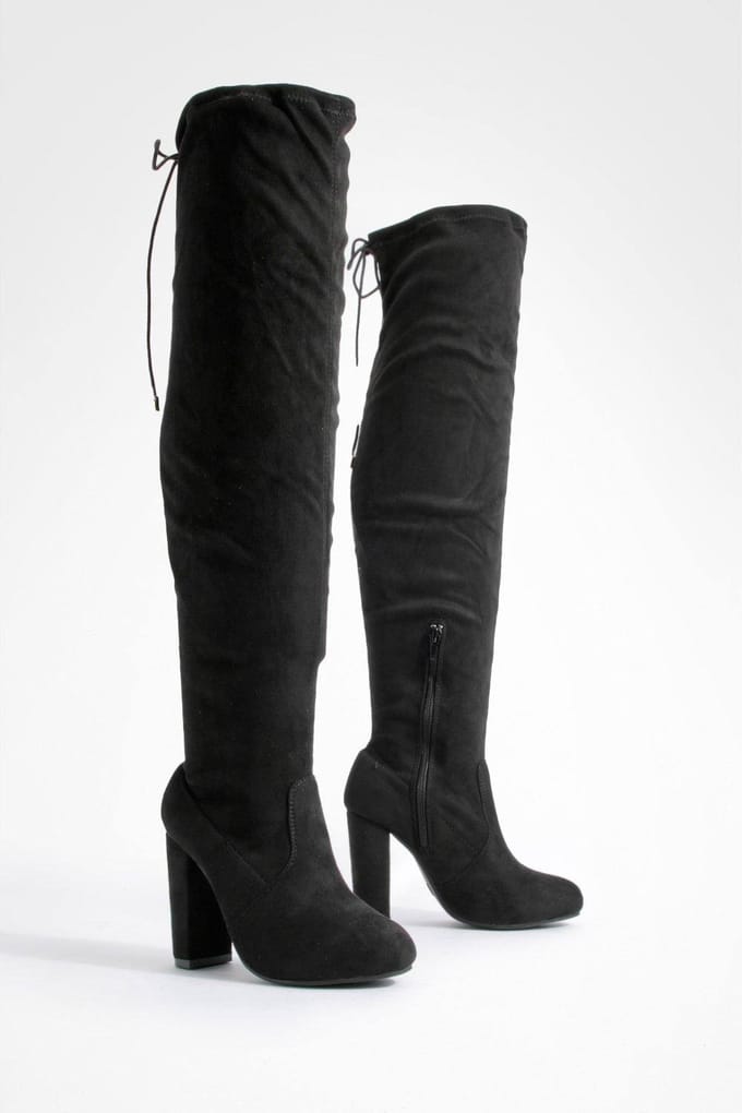 boohoo Dames Block Heel Tie Nep Suede Dijlaarzen | Black | Maat: 3
