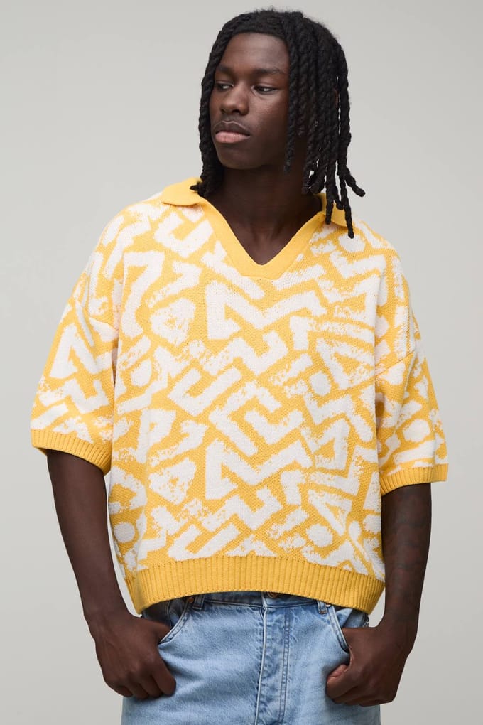 Oversized Boxy Polo Met Abstract Jacquard Breipatroon | Yellow | Size Large