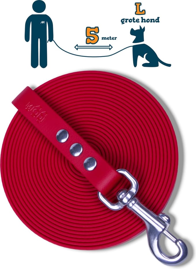 Miqdi BioThane® Sleeplijn 5 meter – zonder handvat – L/XL (19 mm) – rood – waterdicht & sterk