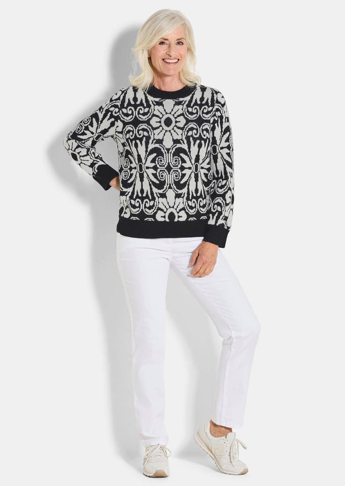 Tricot pullover met scheerwol - zwart / wit / gedess. - Gr. 20 van Goldner Fashion