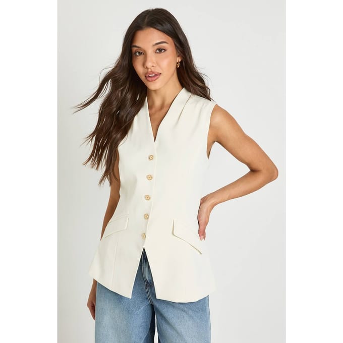 boohoo Dames Goudkleurig Geknopt Lang Getailleerd Gilet | Ecru | Maat: 36