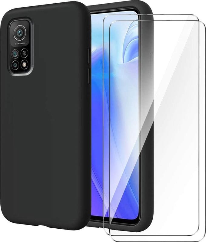 Silicone hoesje zwart met 2 Pack Tempered glas Screen Protector Geschikt voor: Xiaomi MI 10T Pro