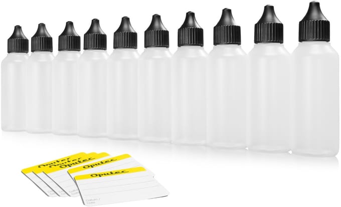 Oputec 10× 50 ml druppelflessen – PE doseerflessen – levensmiddelveilig + etiketten