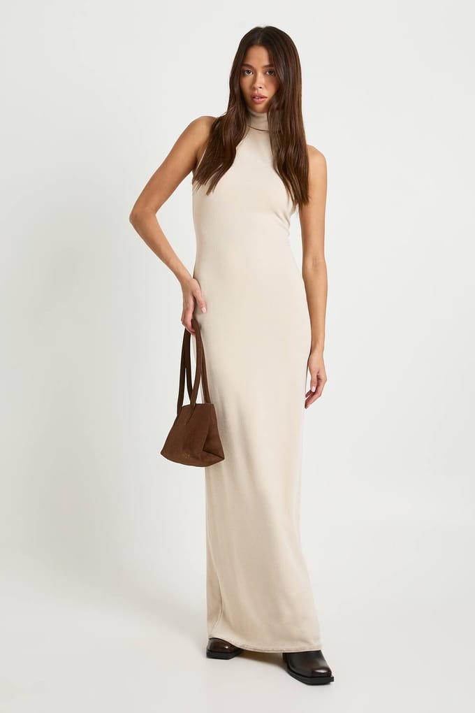 boohoo Dames Geribde mouwloze maxi jurk met hoge hals | Beige | Maat: 36