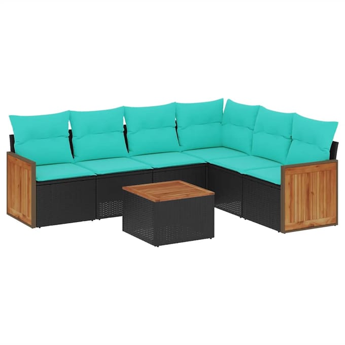 vidaXL - 7-delige - tuinbankset - met - kussens - van - zwart - polyrotan