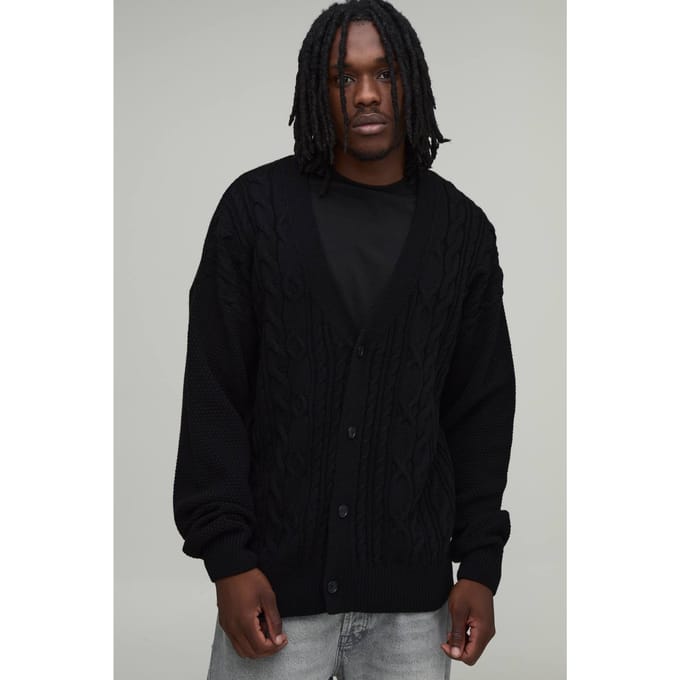 Lang Vest Met Relaxed Pasvorm En Kabelbreipatroon | Black | Size 2XL
