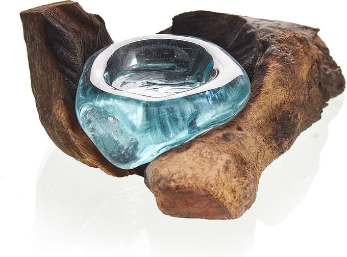 Gesmolten Glas op Houten Stronk - Kaars Houder - Handgemaakt - 10x16cm