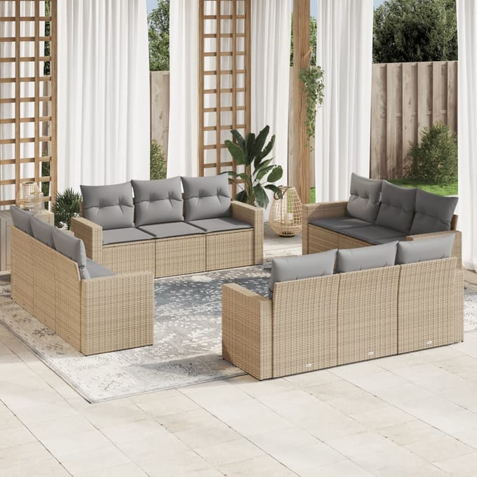 vidaXL - 12-delige - Loungeset - met - kussens - poly - rattan - beige