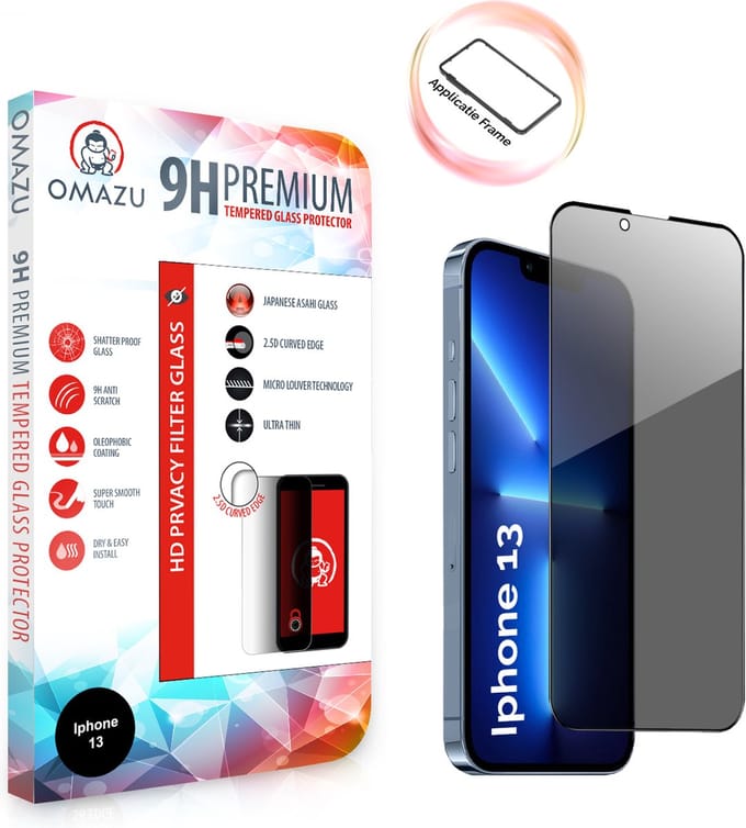 OMAZU 3D Privacy Tempered Glass Screenprotector, Apple iPhone 13 / 13 Pro, 6,1''(Full Screen) Met handige installatie applicator