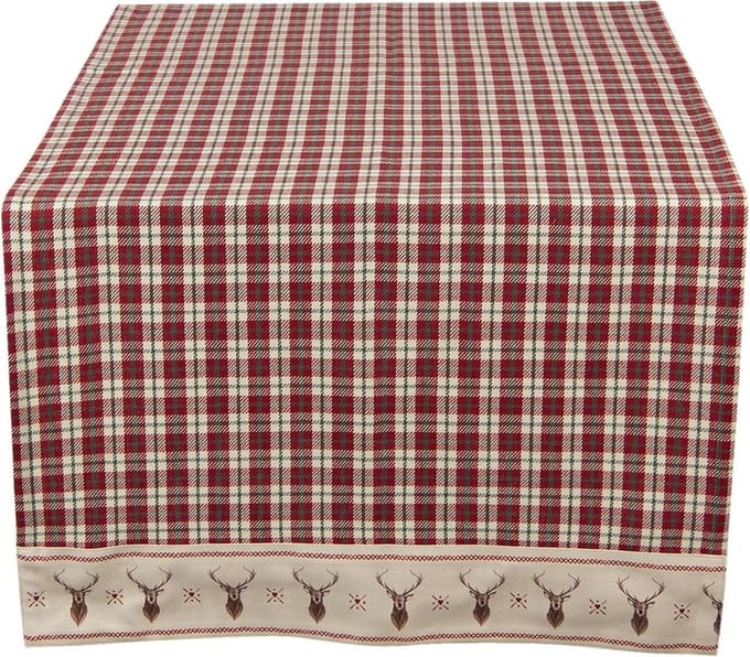 Clayre & Eef Tafelloper 50x140 cm Rood Beige Katoen Ruit Hert