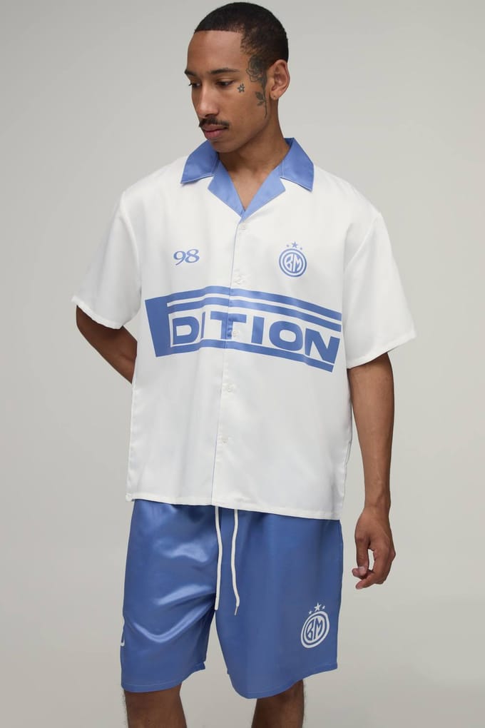Oversized Shirt Met Korte Mouw En Short Set Met Sportprint In Satijn | Slate Blue | Size Medium