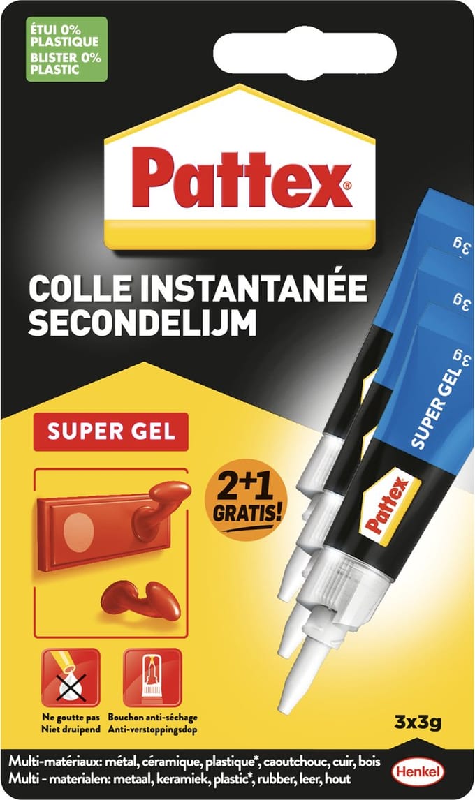 Secondelijm pattex super gel 3gr blister 2+1 | 12 stuks