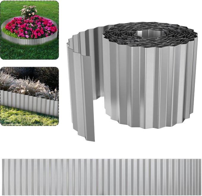 Verzinkte Tuinrand 10m – Flexibele Grasrand van Staal 18 cm Hoog – Tuinafscheiding, Bloembedrand, Kantopsluiting – Zilver