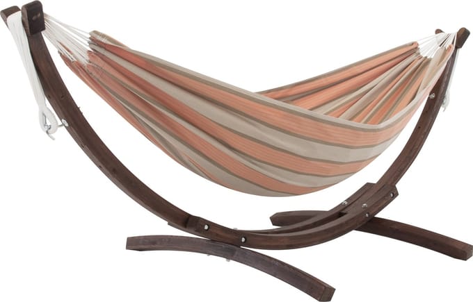Vivere Double Sunbrella Hangmat met Massief Houten Standaard - Cameo