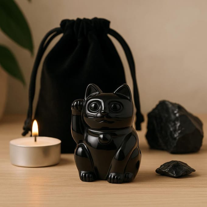 Edelsteen Gelukskat - Zwarte Obsidiaan 50x35x25mm