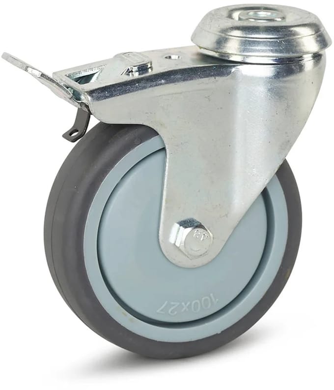 Trolley zwenkwiel geremd met centraal gat - 100mm - 100kg