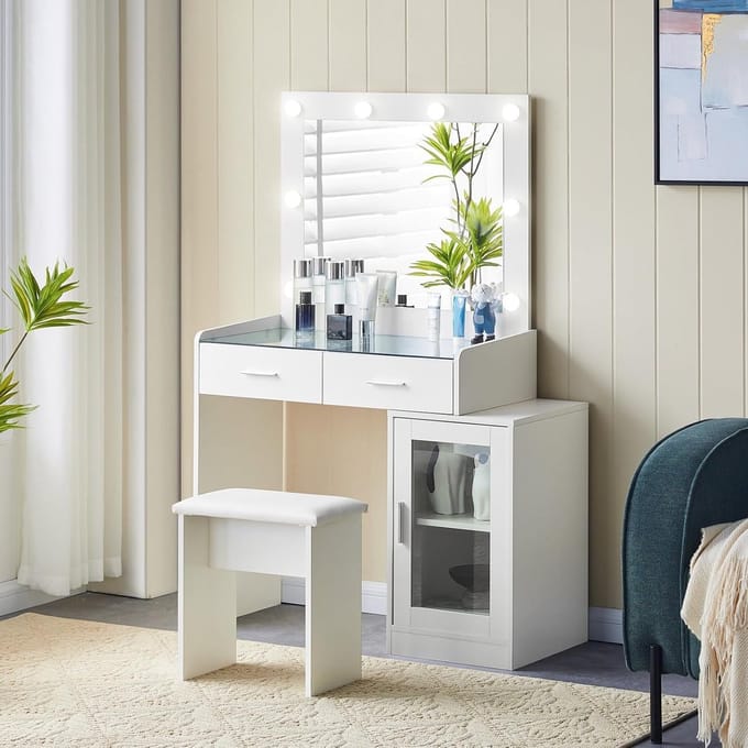 Kaptafel met Spiegel en Verstelbare LED Verlichting en Zachte Kruk