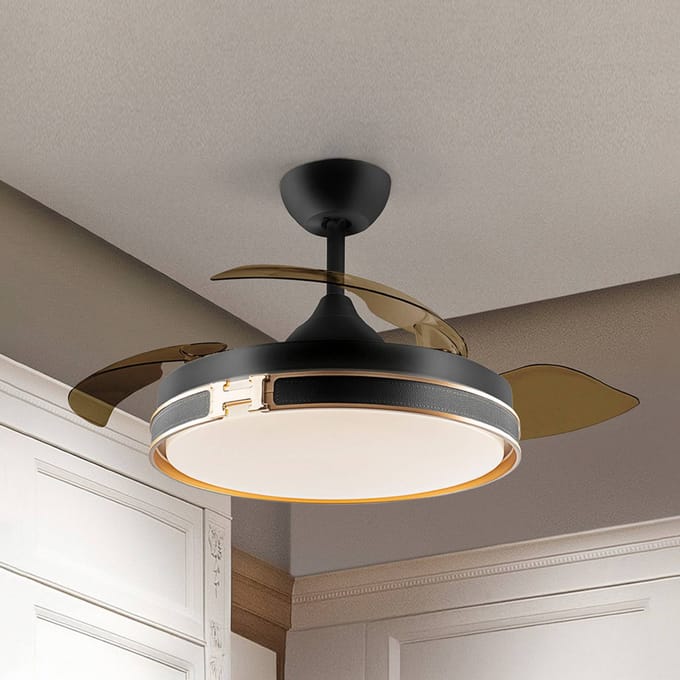 Schuller Valencia LED plafondventilator Herón zwart/goud/rookkleurig Ø 106 cm stil