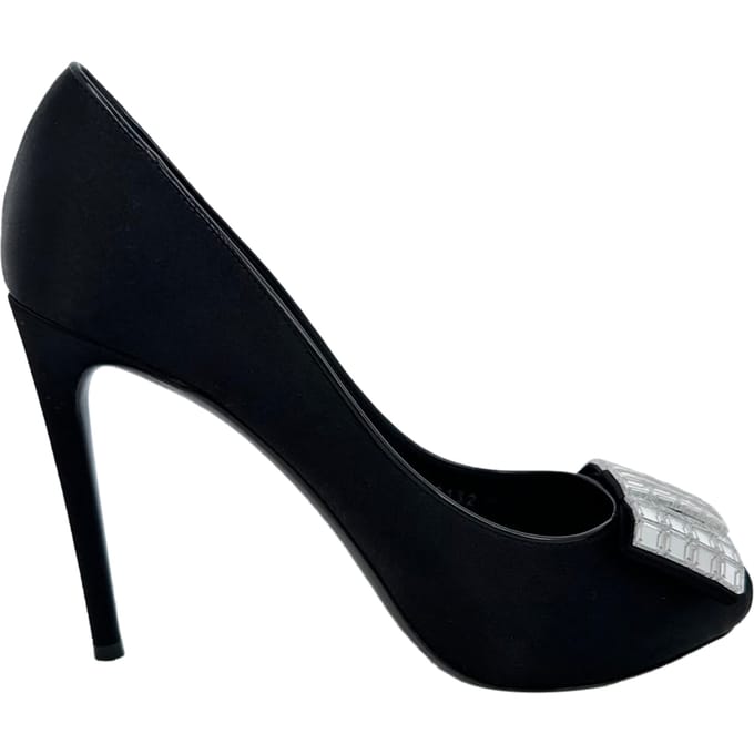 Louis Vuitton pumps met open neus en kristallen versiering in zwart satijn