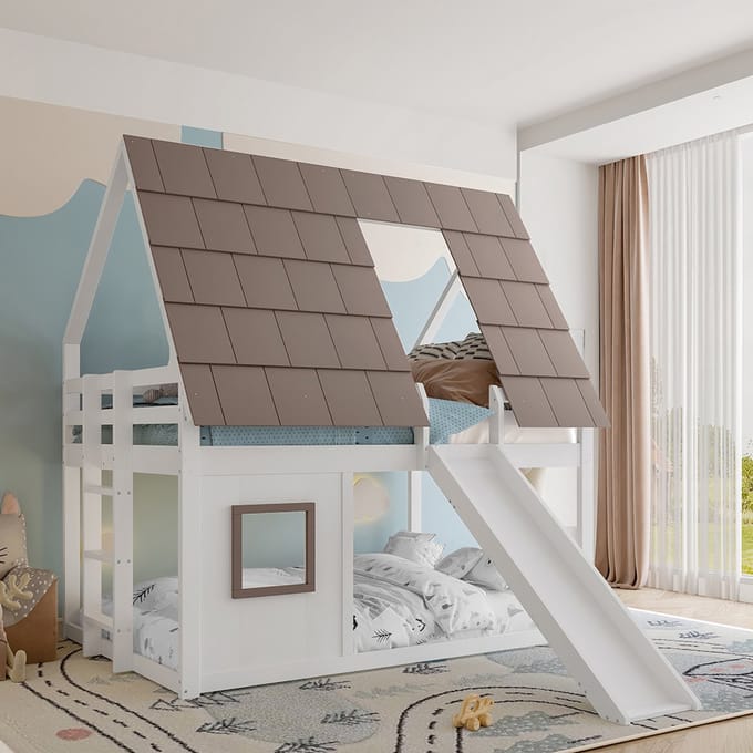 Komhtom Houten stapelbed 140 x 200 met dak, ladder en glijbaan, wit + bruin
