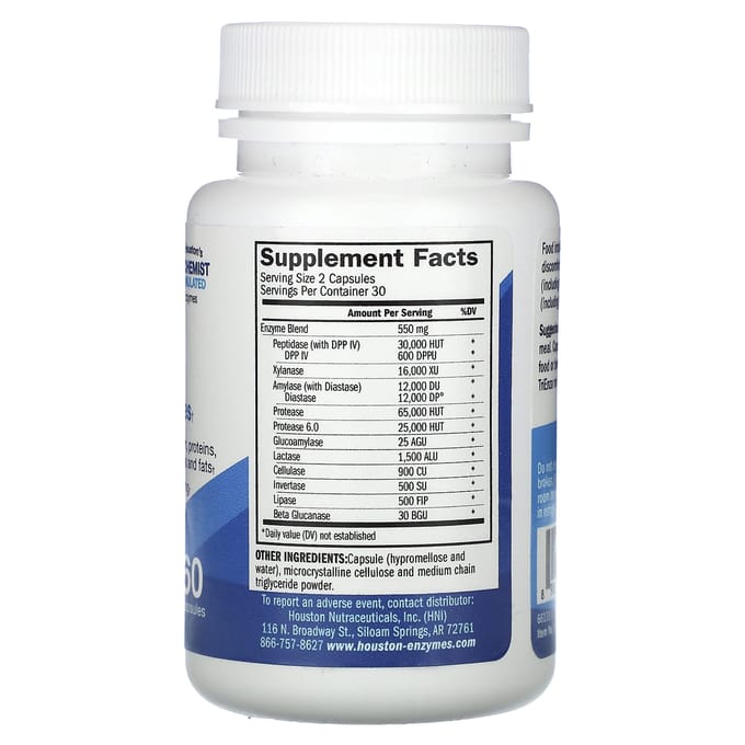 Houston Enzymes, TriEnza, Enzymen voor Spijsverteringsintolerantie, 60 Capsules