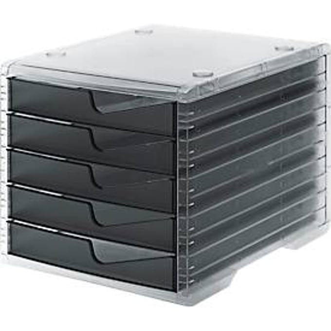 Ladebox styro® styroswing light, 5 laden, uittrekstop & verzonken greep, stapelbaar, B 270 x D 340 x H 255 mm, polystyreen, transparant-antraciet