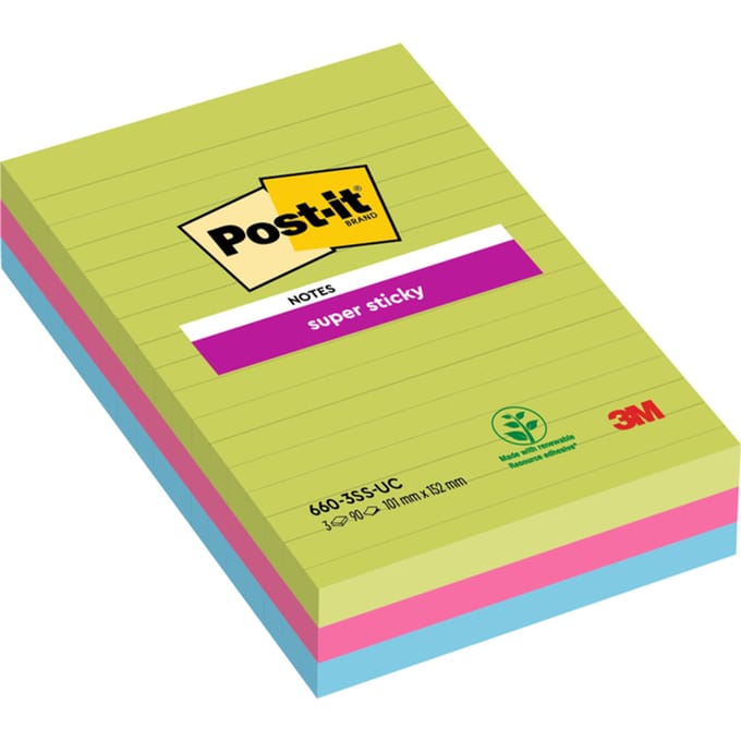 Memoblok Post-it 660 Super Sticky 102x152mm lijn rainbow 3 stuks