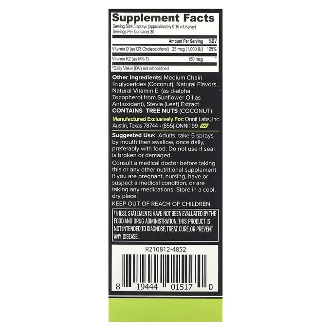 Onnit, plantaardige vitamine D3, vitamine K2, passievrucht guave, 25 mcg (1.000 IE), 24 ml (0,8 fl oz)