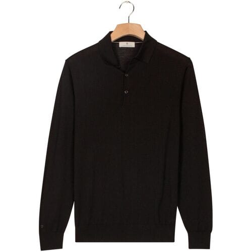 Thomas Maine Trui Polo Pullover Long Sleeve Merino Wool Single Knit Zwart / male